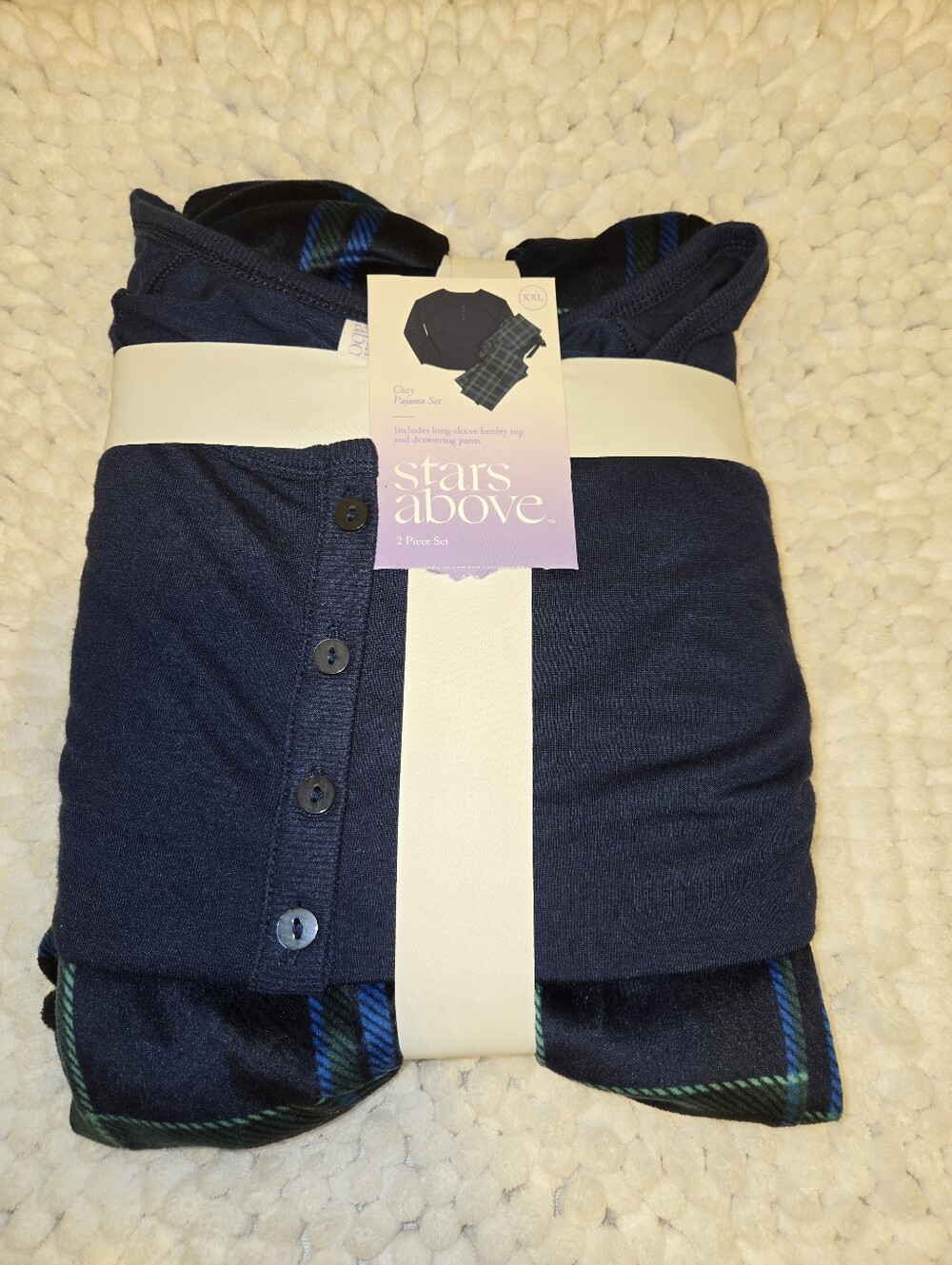 New stars above Navy Knit Top with Blue and Green Plaid Pajama Bottoms Size XXL